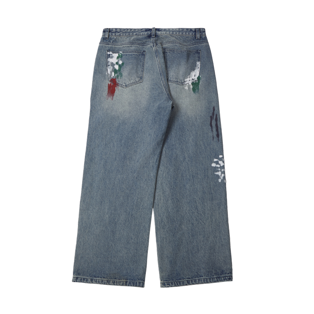 Streetwear Distressed Splatter Washed Wide-Legged Denim Jeans | HugePOD-4