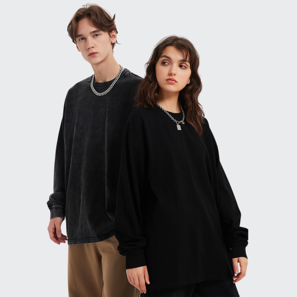 Streetwear Unisex Drop Shoulder Stone Wash Long Sleeve Tee - Print On Demand | HugePOD-4