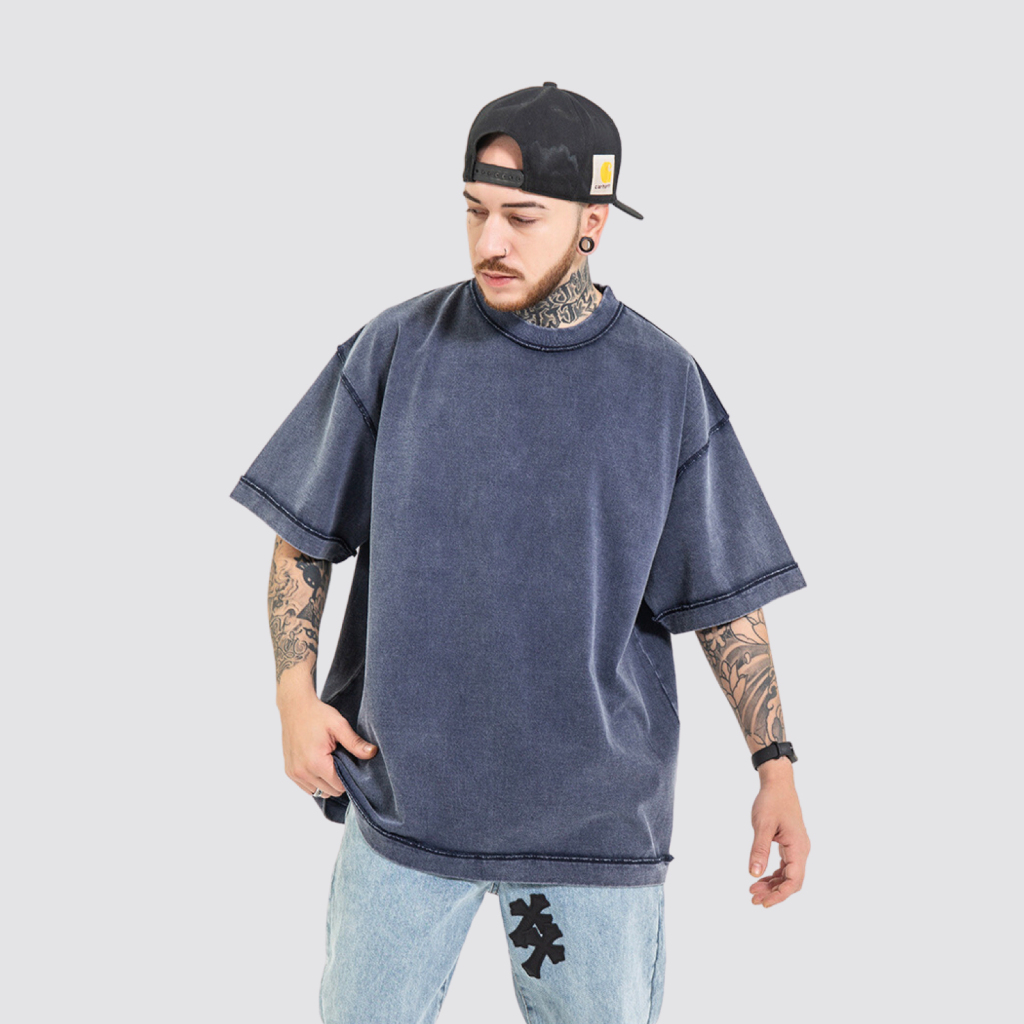Streetwear Unisex Top Stitching Stone Wash T-Shirt - Print On Demand | HugePOD-4