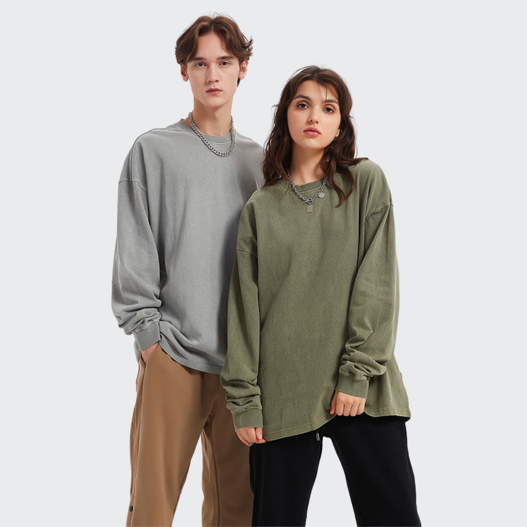 Streetwear Unisex Drop Shoulder Stone Wash Long Sleeve Tee - Print On Demand | HugePOD-2