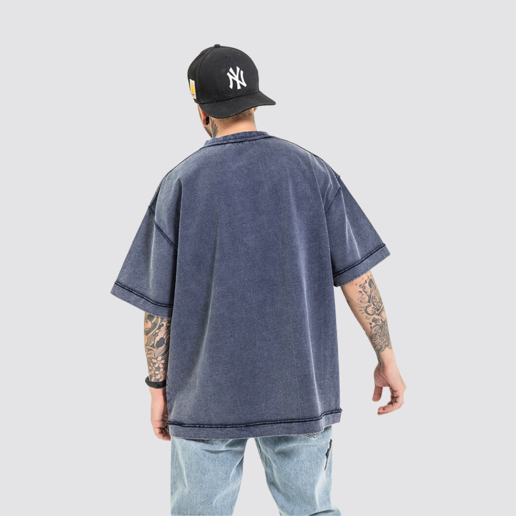 Streetwear Unisex Top Stitching Stone Wash T-Shirt - Print On Demand | HugePOD-5