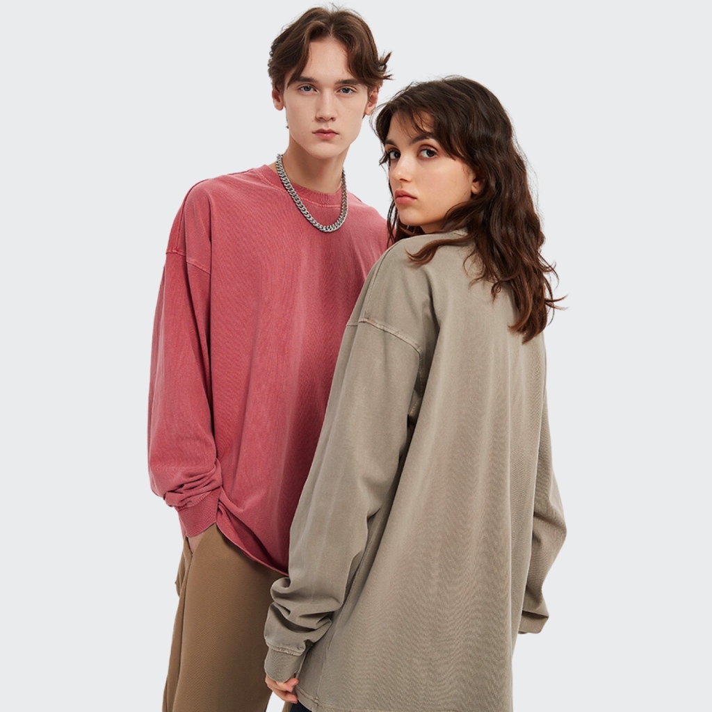 Streetwear Unisex Drop Shoulder Stone Wash Long Sleeve Tee - Print On Demand | HugePOD-3