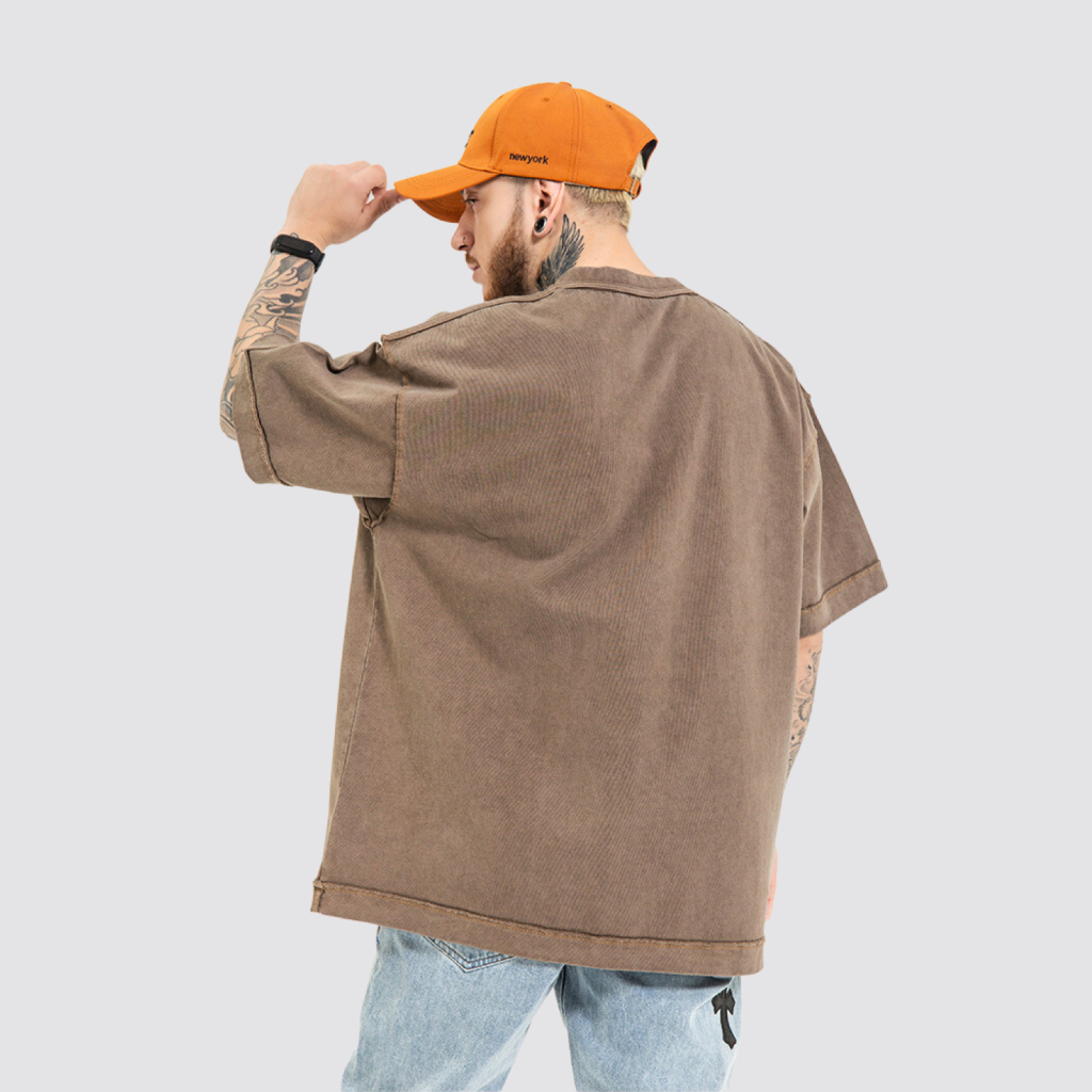 Streetwear Unisex Top Stitching Stone Wash T-Shirt - Print On Demand | HugePOD-3