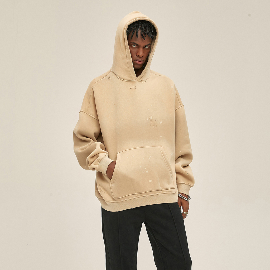 (Ash Apricot)Streetwear Monkey Washed Frayed  Effect Hoodie-2