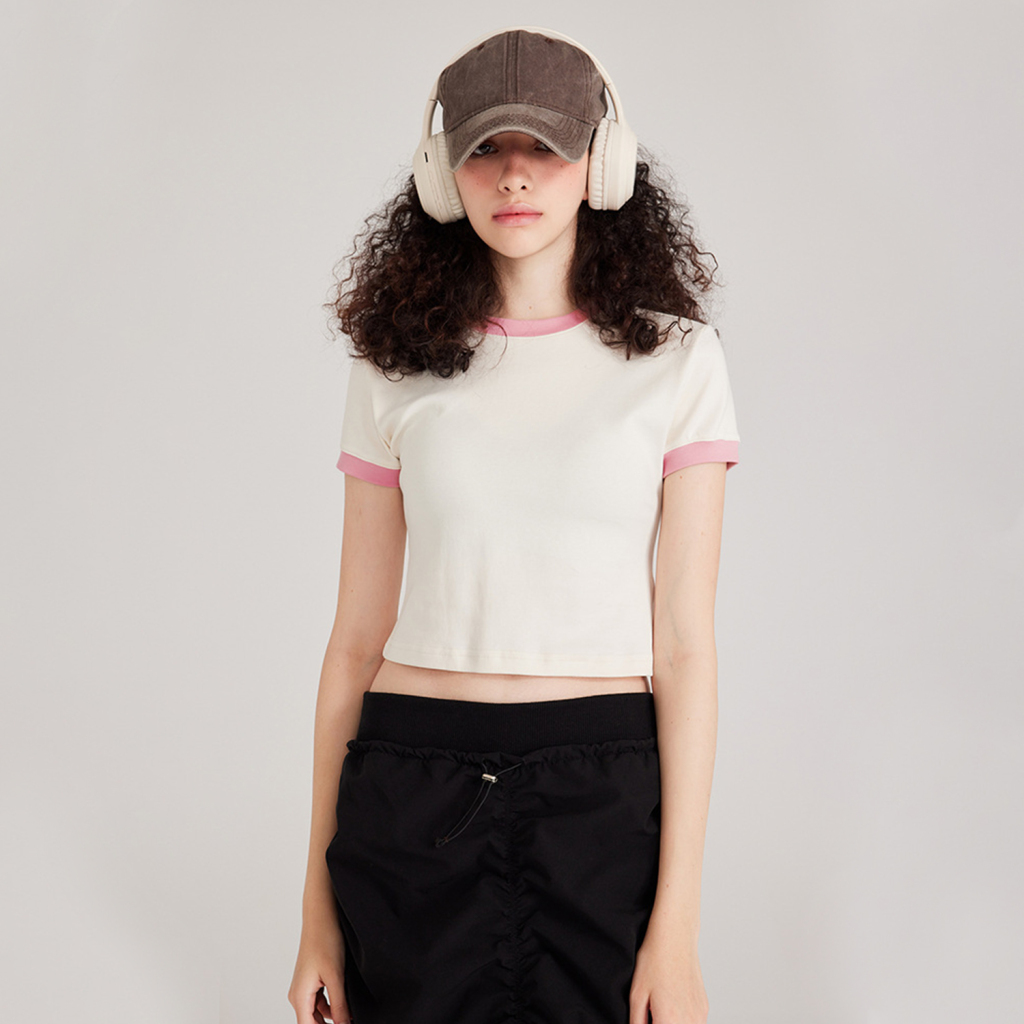 Streetwear Vintage Color-Block Fitted Cropped Curry&Pink Tee - Print On Demand | HugePOD-2
