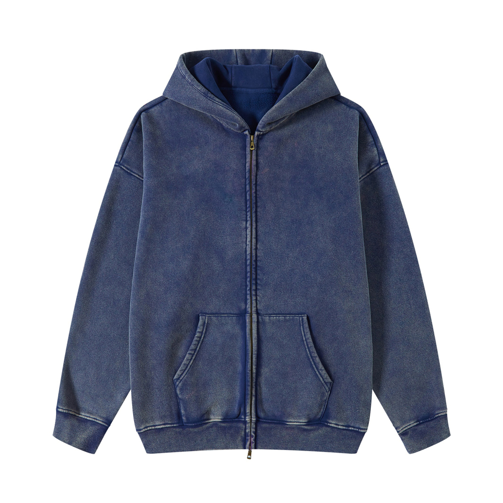 Streetwear Unisex Washed Zip Fleece  Hoodie - Print On Demand-21