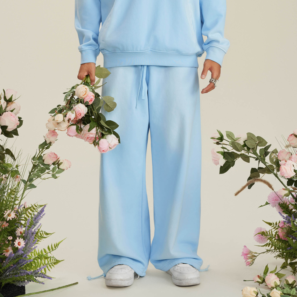 (Sky Blue&Rose Pink)Streetwear Unisex Heavyweight 445G Ombre Washed Drawstring Waist Fleece Joggers-3