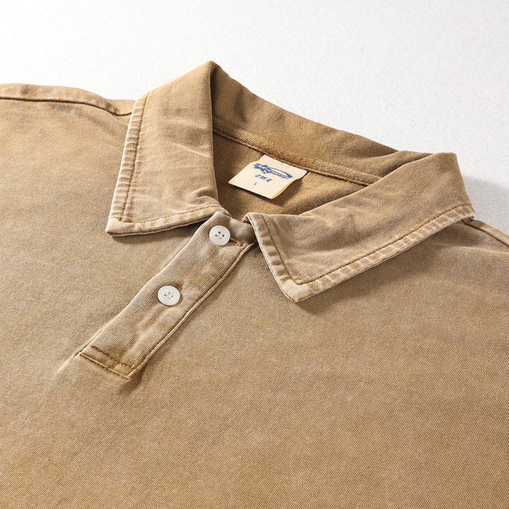 Streetwear Wax Dyed Washed Vintage Collared Button Split 100% Cotton T-Shirt | HugePOD-12