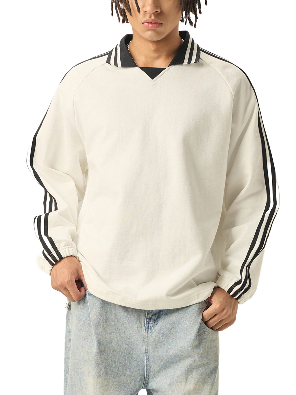 Contrast Striped Lapel Collar Sweatshirt #RW0006 | TAPSTITCH-3