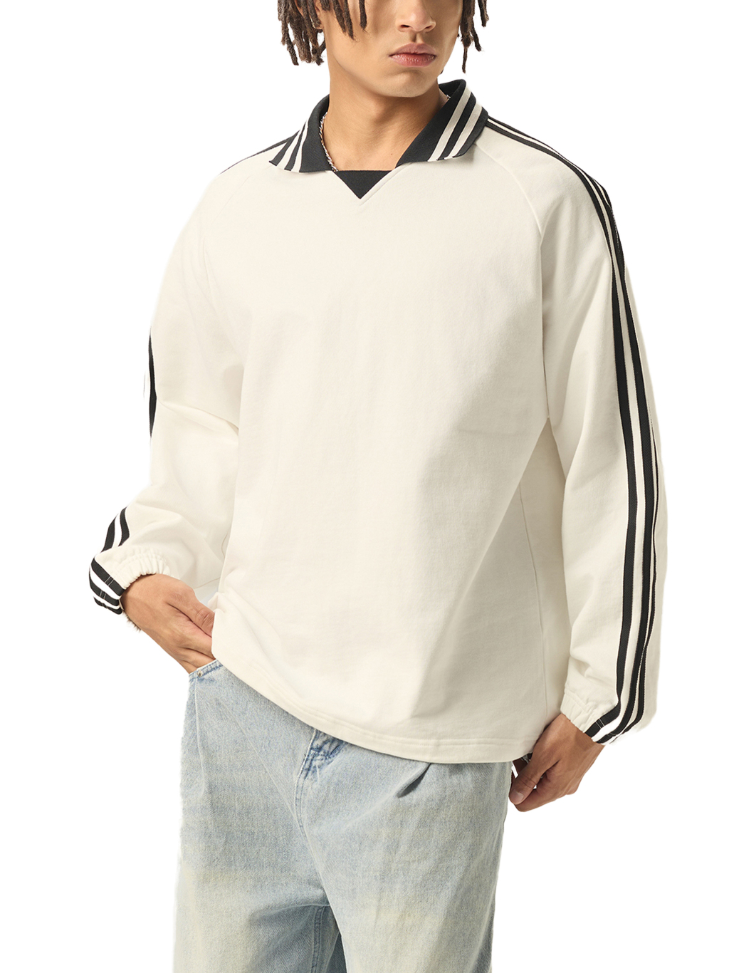 Contrast Striped Lapel Collar Sweatshirt #RW0006 | TAPSTITCH-4