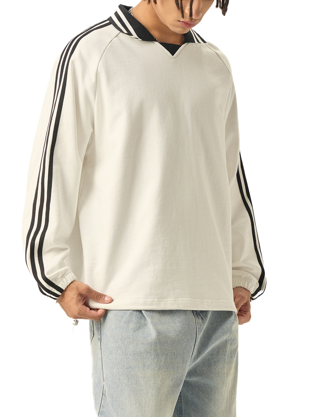 Contrast Striped Lapel Collar Sweatshirt #RW0006 | TAPSTITCH-6