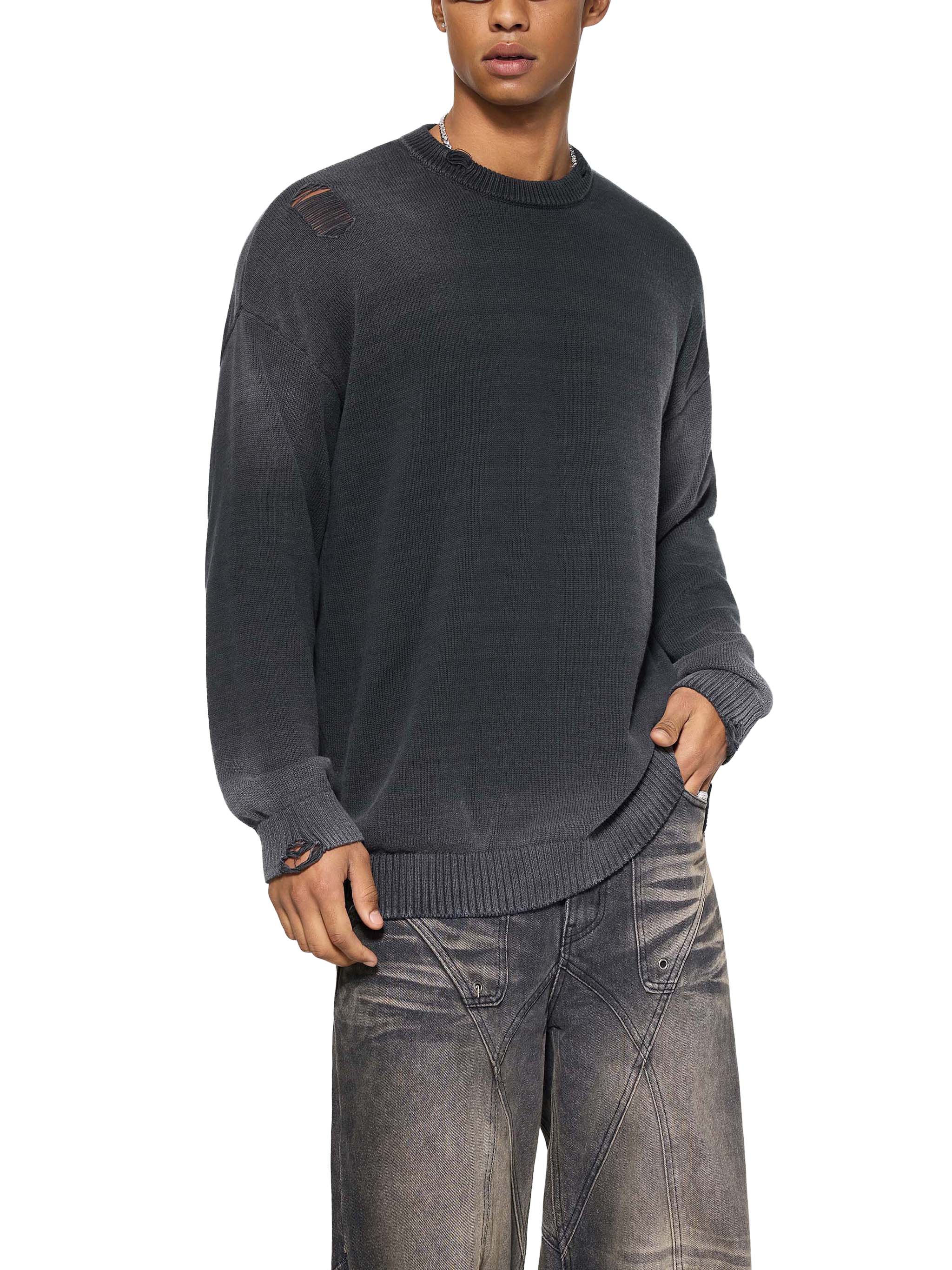 Sun Fade Distressed Ripped Crewneck sweater #RM0002 | TAPSTITCH