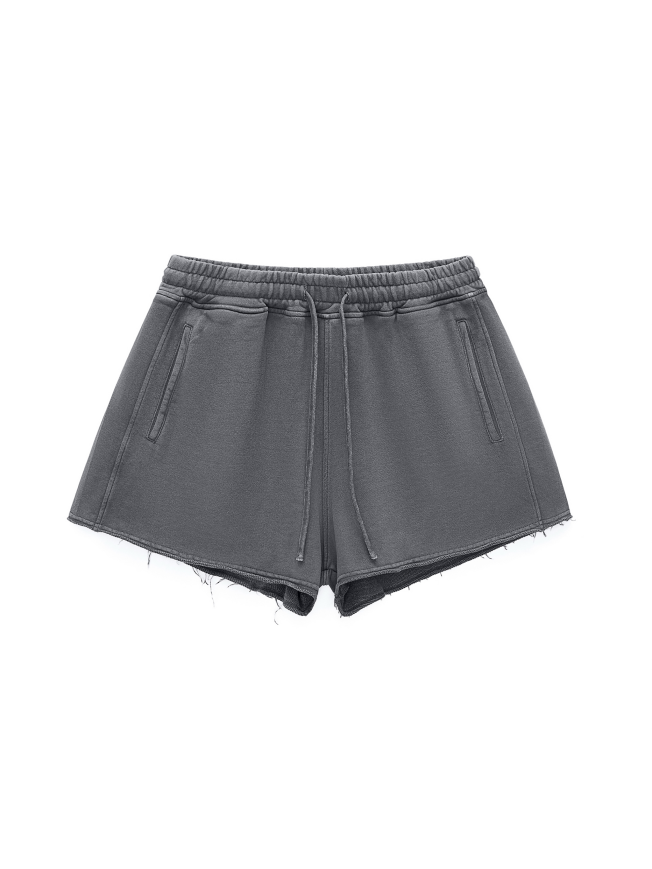 Snow Washed Raw Edge Drawstring Shorts