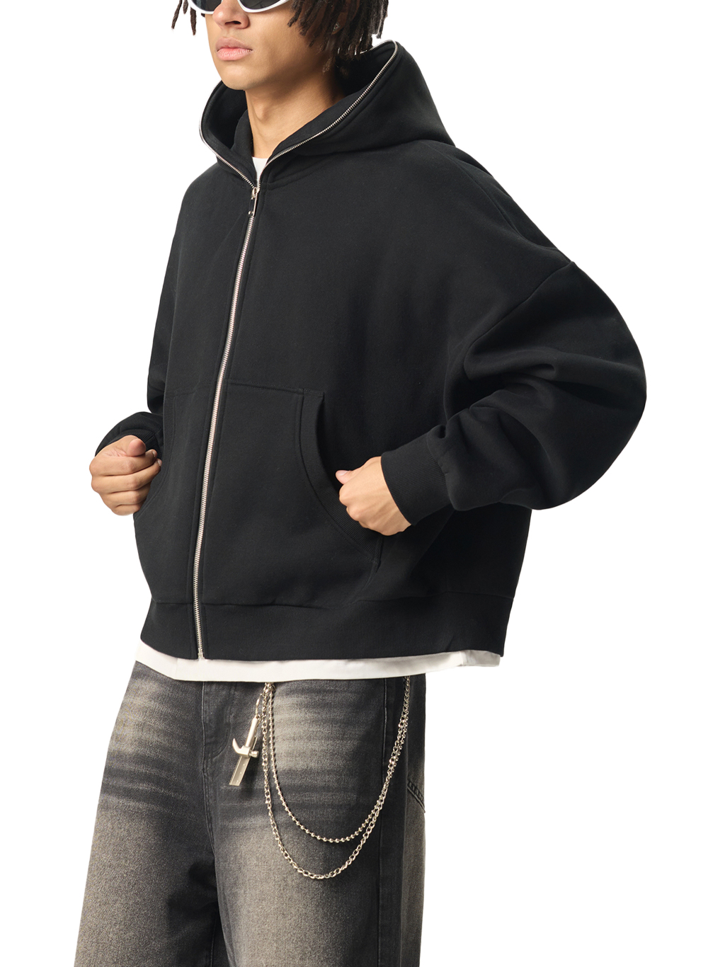 Fleeced Full-Zip Boxy Hoodie #RQ0008 | TAPSTITCH-7
