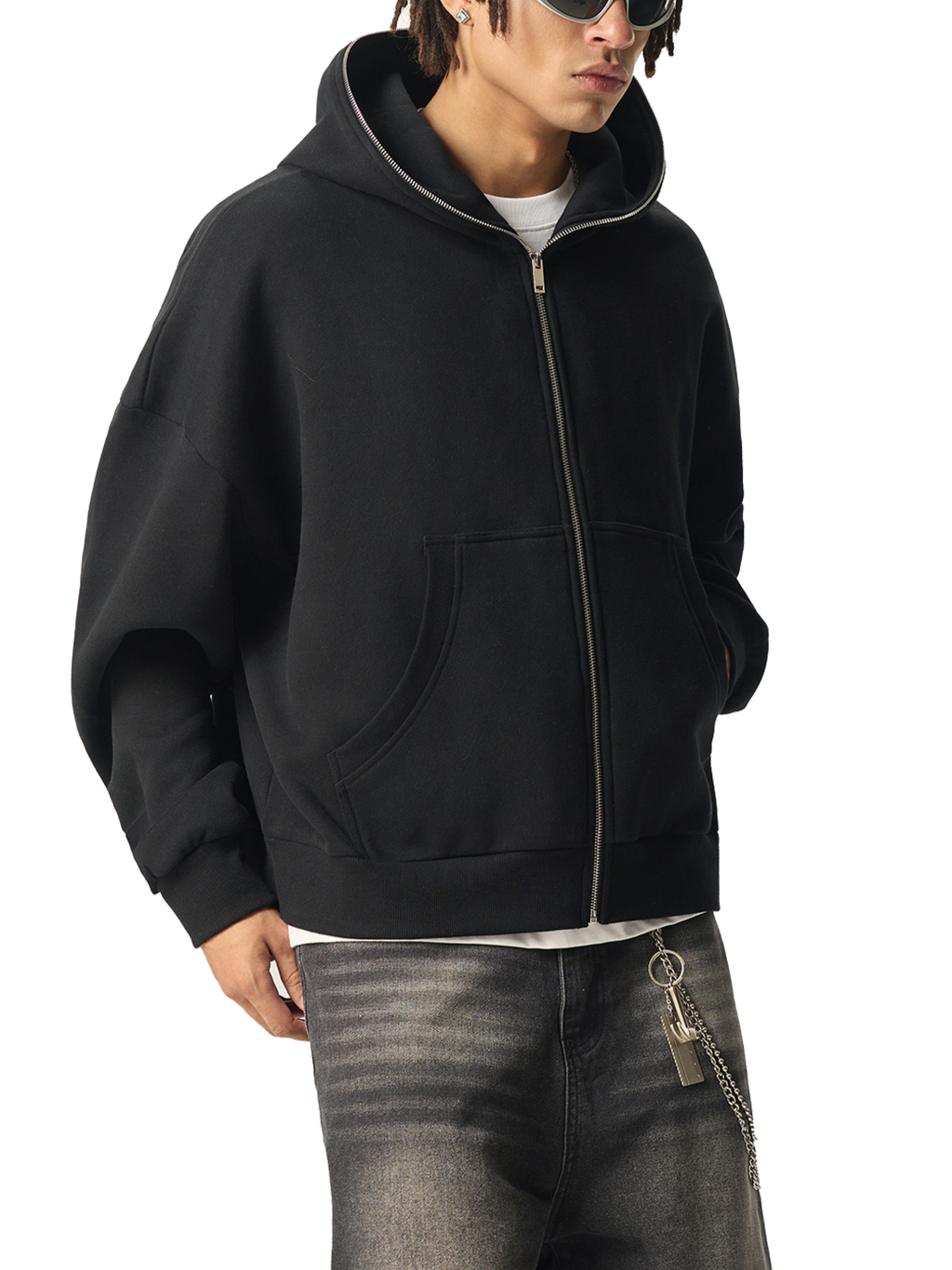 Fleeced Full-Zip Boxy Hoodie #RQ0008 | TAPSTITCH-6