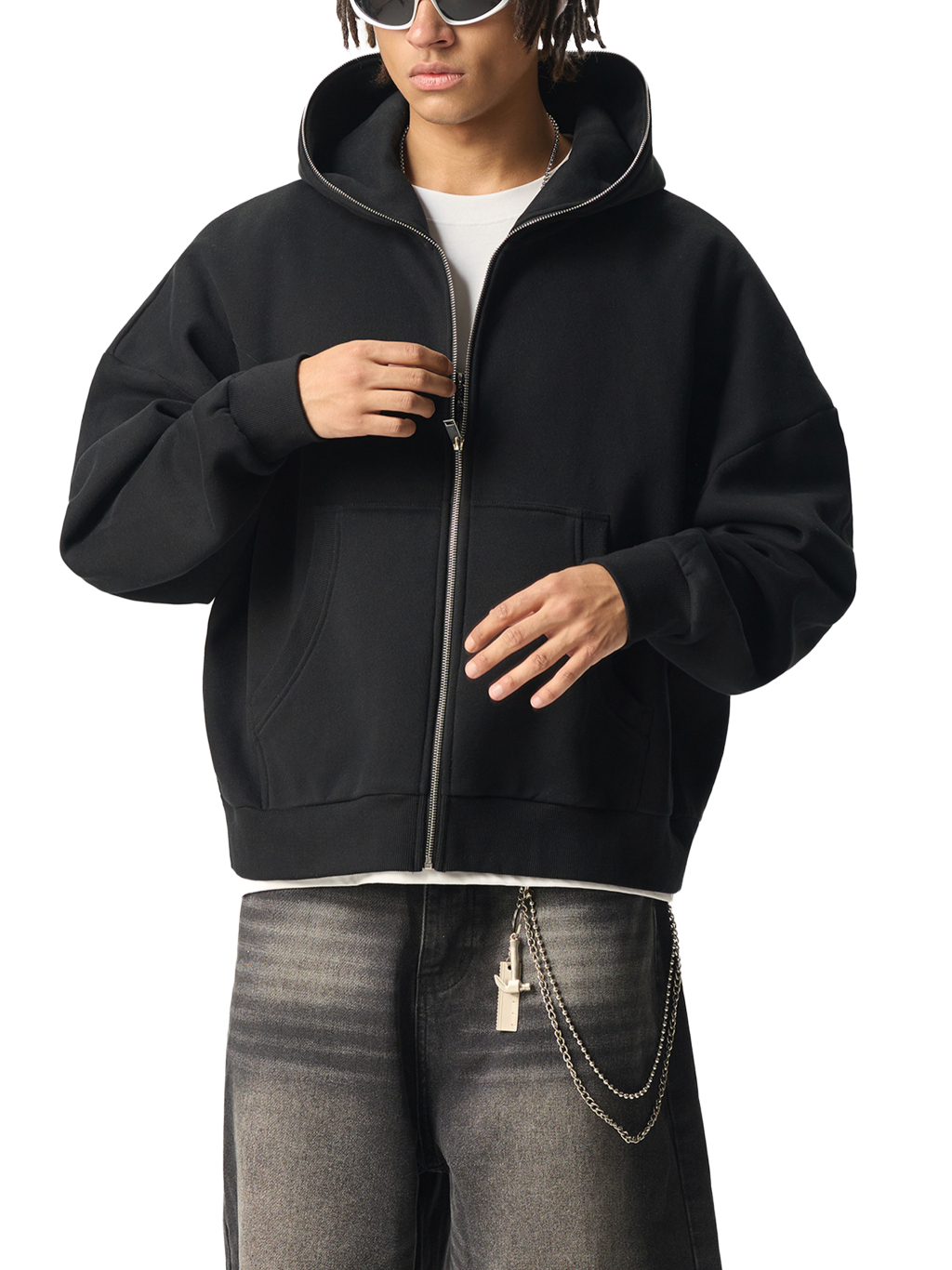 Fleeced Full-Zip Boxy Hoodie #RQ0008 | TAPSTITCH-4