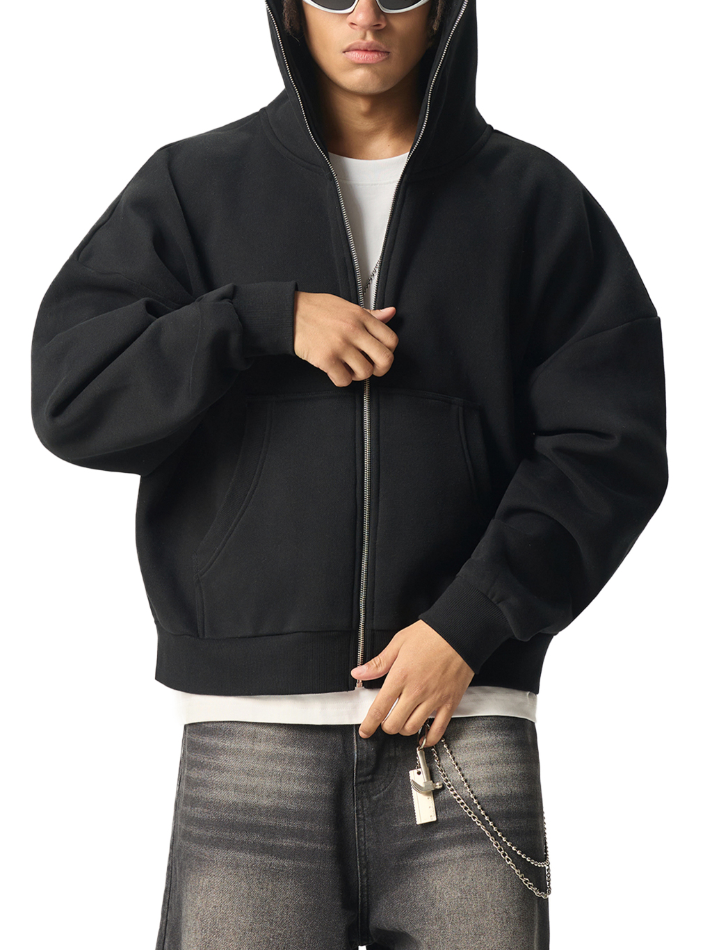 Fleeced Full-Zip Boxy Hoodie #RQ0008 | TAPSTITCH-3