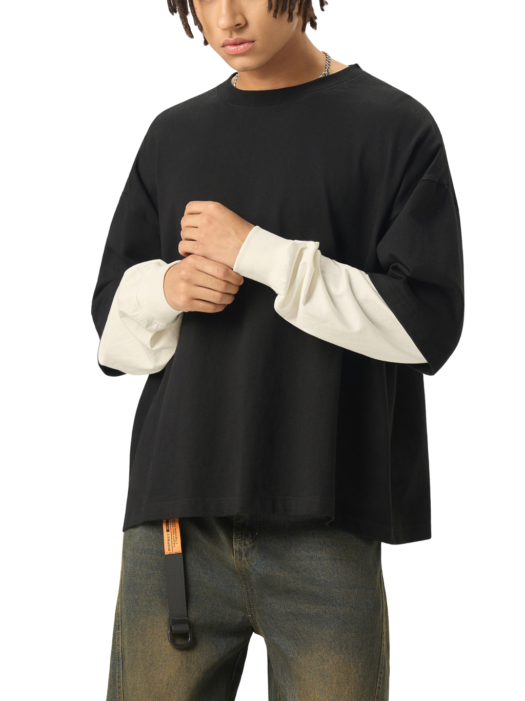 Layered Contrast Sleeve Cotton T-Shirtt #RT0051 | TAPSTITCH-6