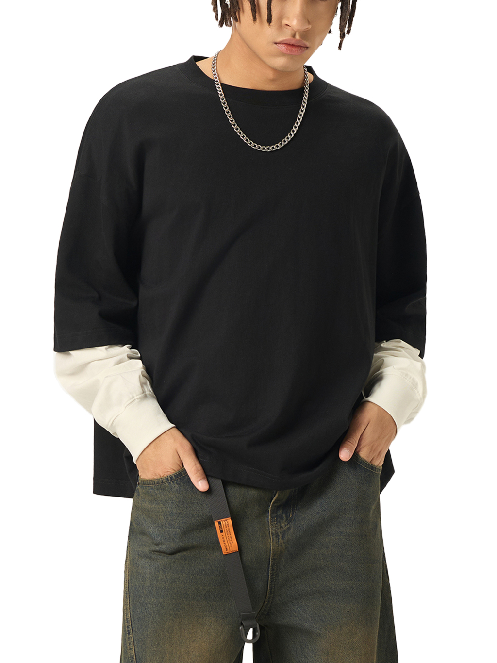 Layered Contrast Sleeve Cotton T-Shirtt #RT0051 | TAPSTITCH-3