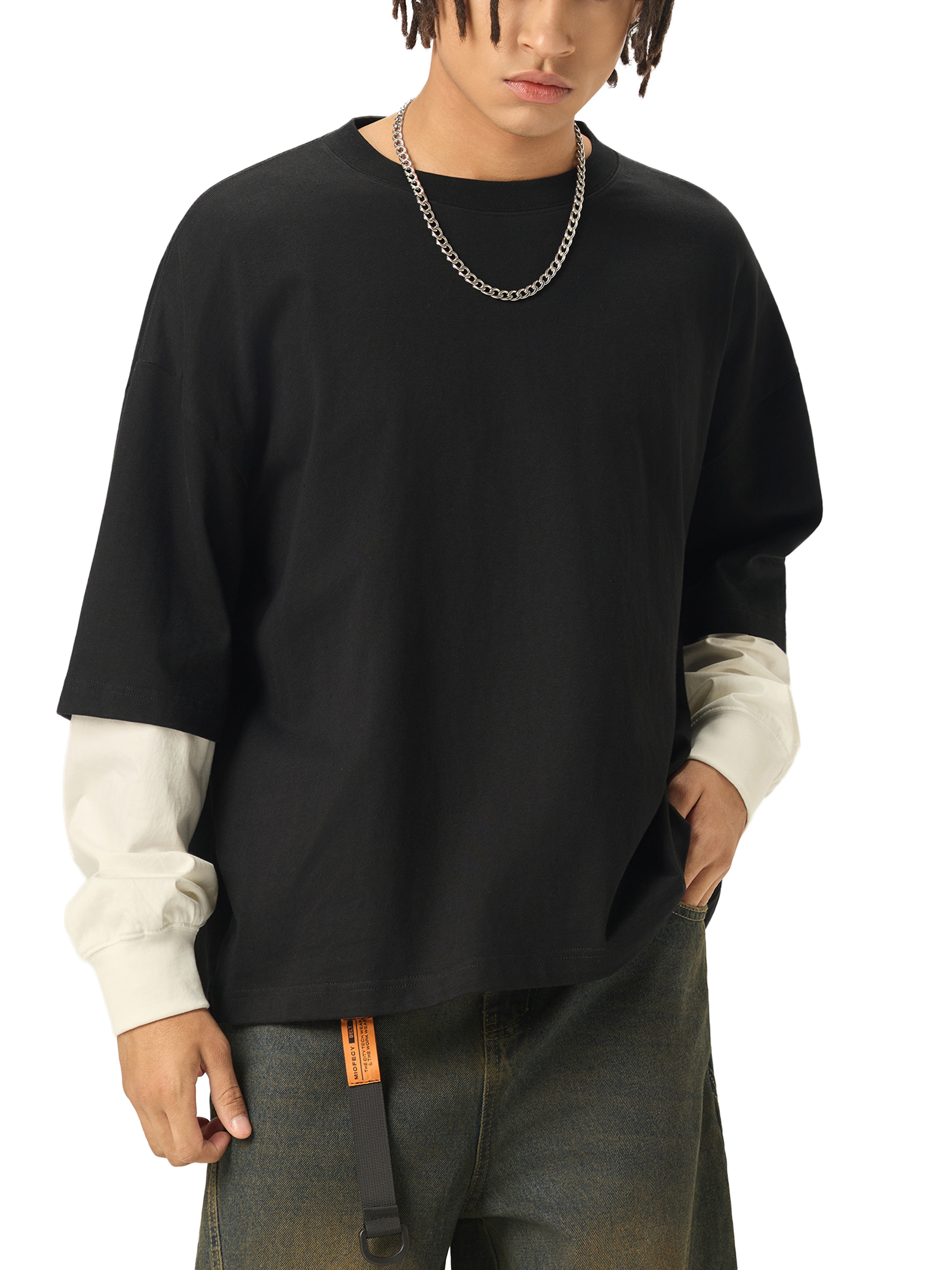 Layered Contrast Sleeve Cotton T-Shirtt #RT0051 | TAPSTITCH