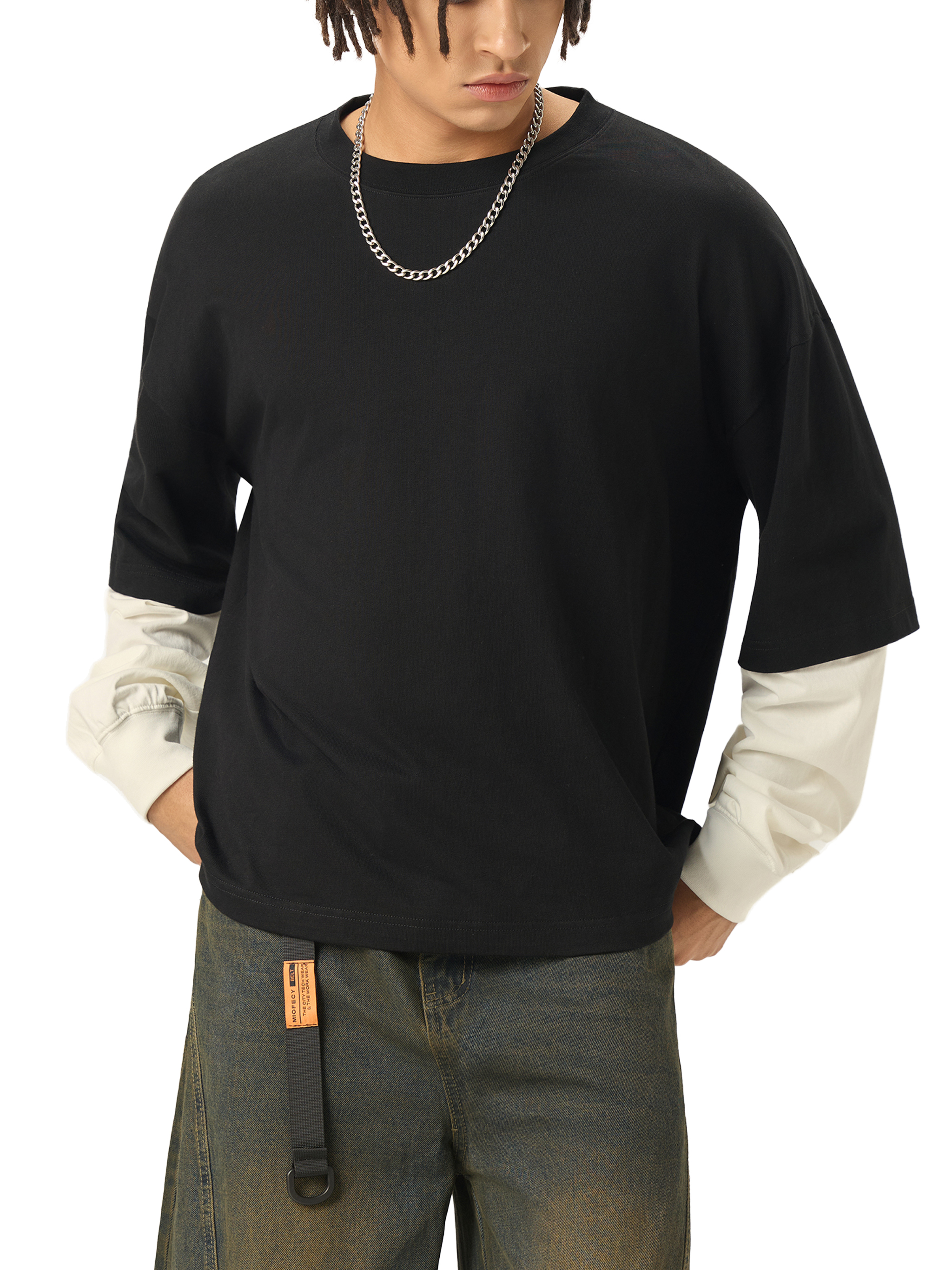 Layered Contrast Sleeve Cotton T-Shirtt #RT0051 | TAPSTITCH