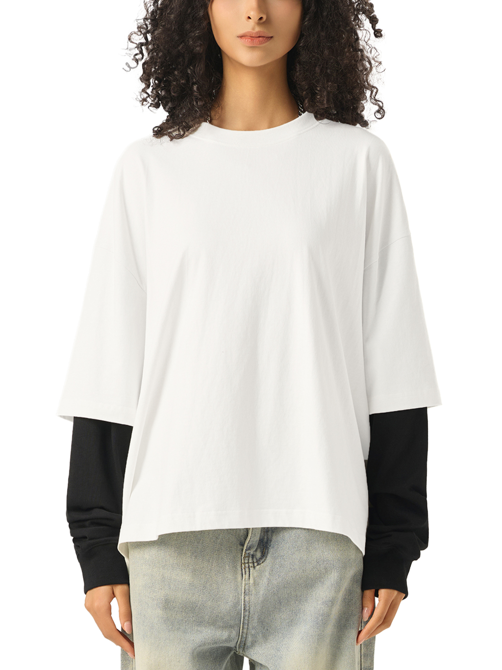 Layered Contrast Sleeve Cotton T-Shirtt #RT0051 | TAPSTITCH-8