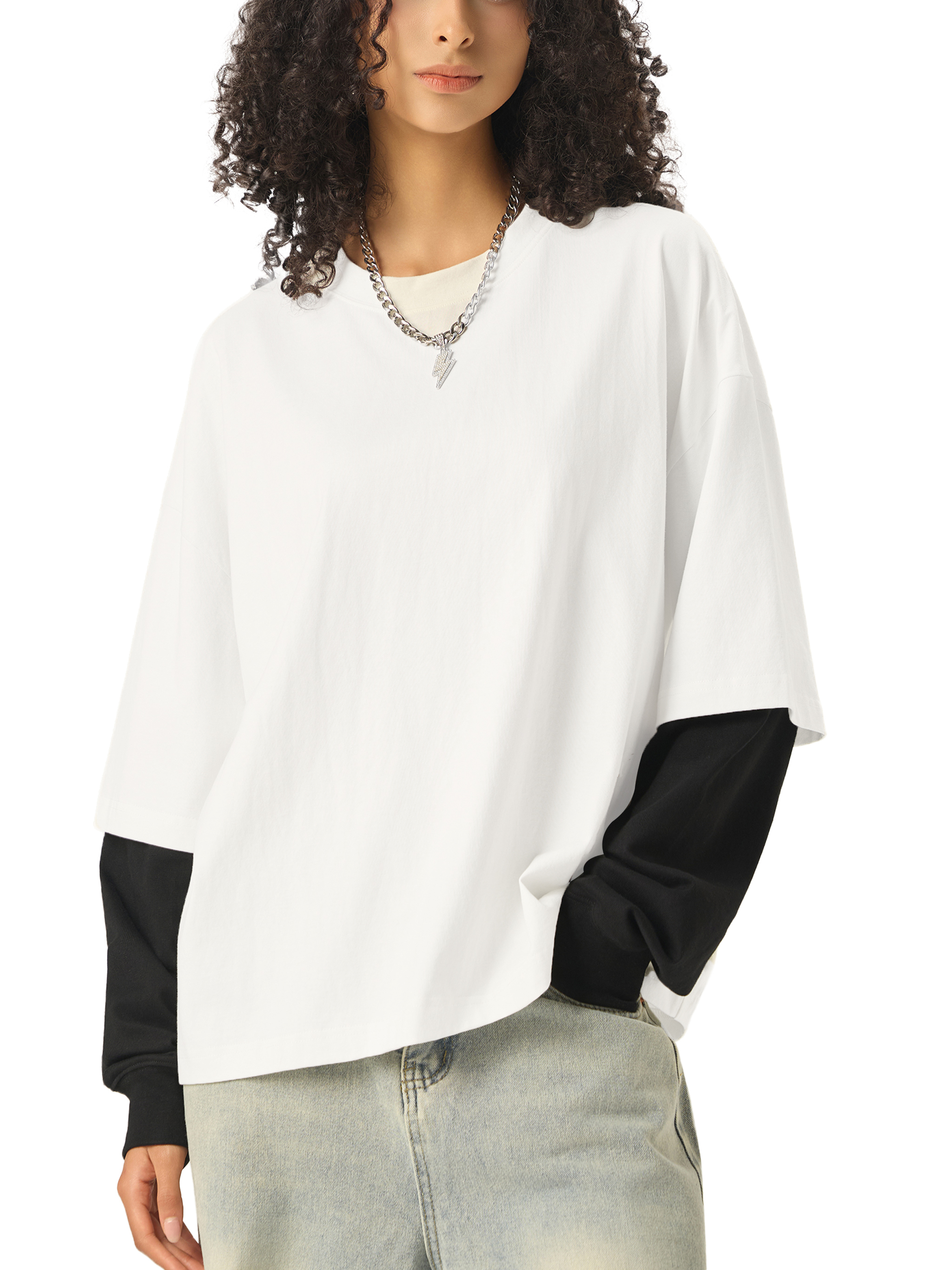 Layered Contrast Sleeve Cotton T-Shirtt #RT0051 | TAPSTITCH