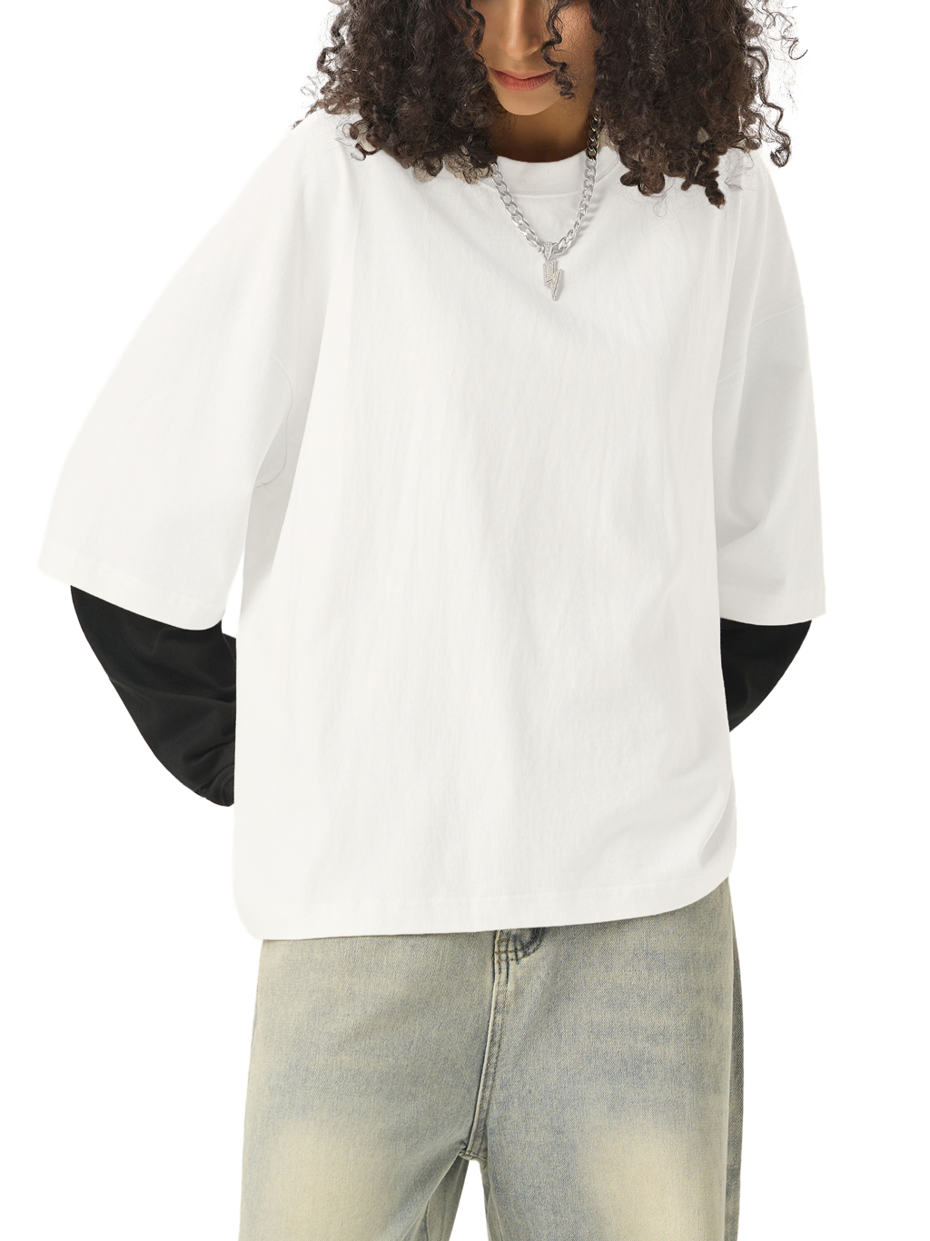 Layered Contrast Sleeve Cotton T-Shirtt #RT0051 | TAPSTITCH-11