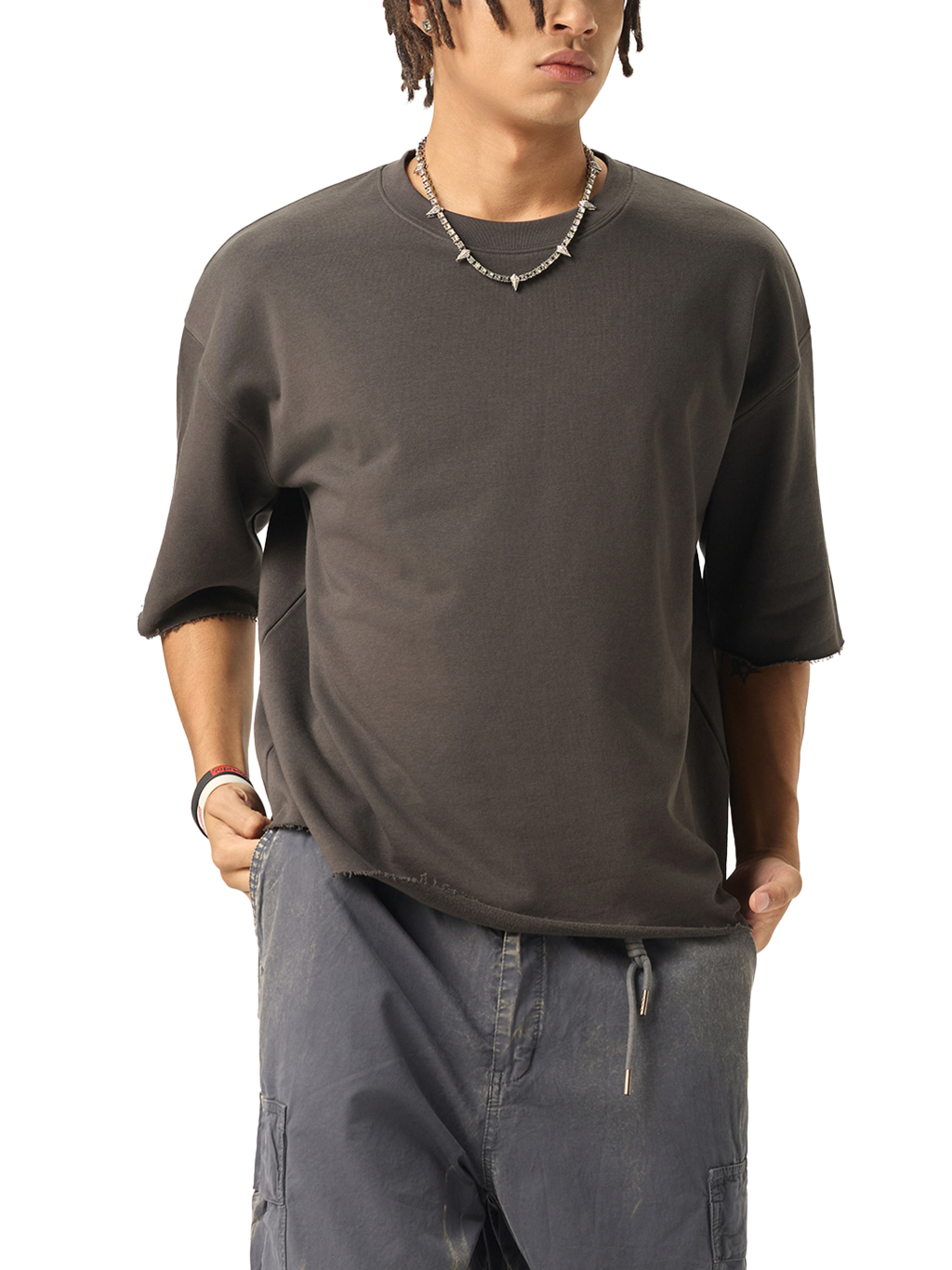 Boxy Half-Sleeve Raw-Edge T-Shirt #RT0052 | TAPSTITCH-5