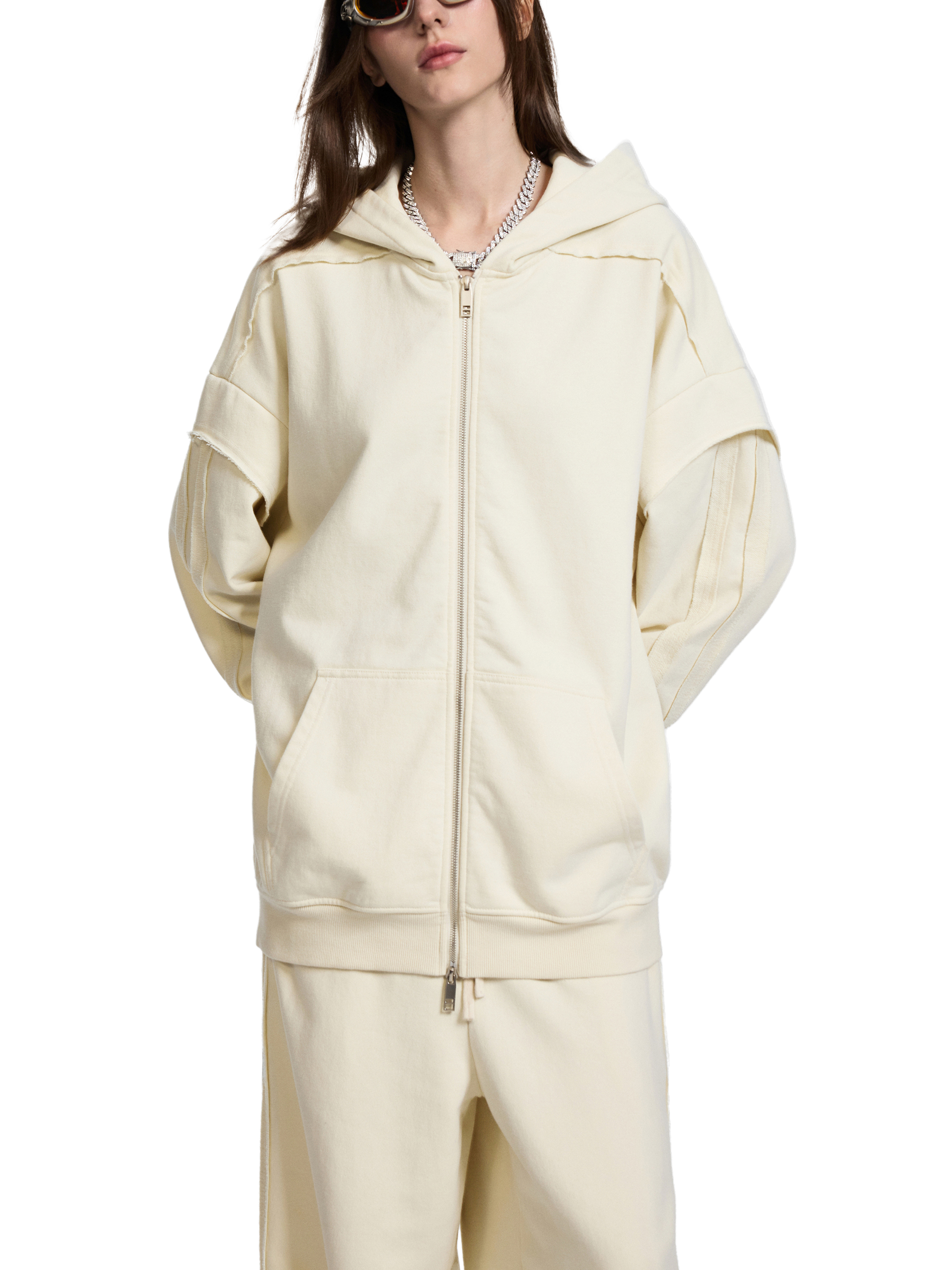 Contrast Tape Raw Edge Double Layered Zip Hoodie #RQ0014 | TAPSTITCH