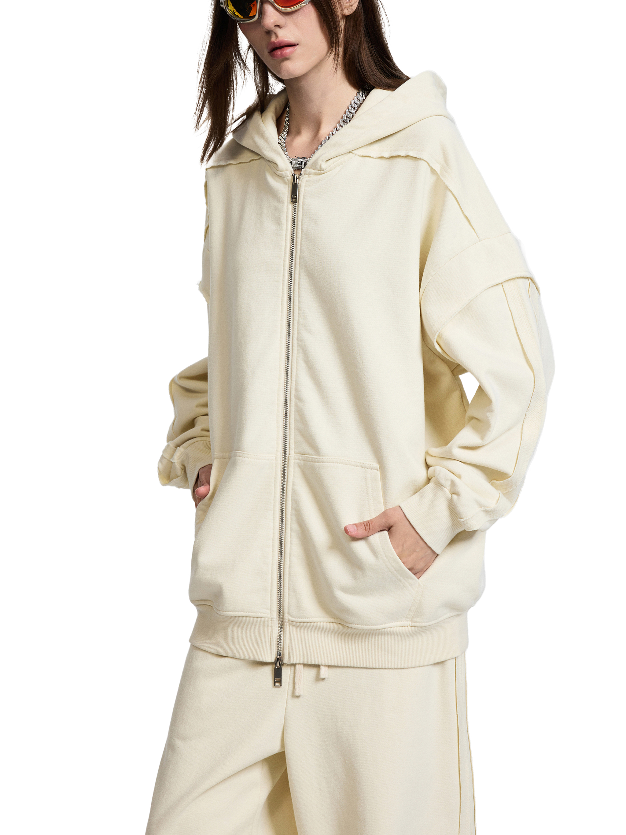 Contrast Tape Raw Edge Double Layered Zip Hoodie #RQ0014 | TAPSTITCH
