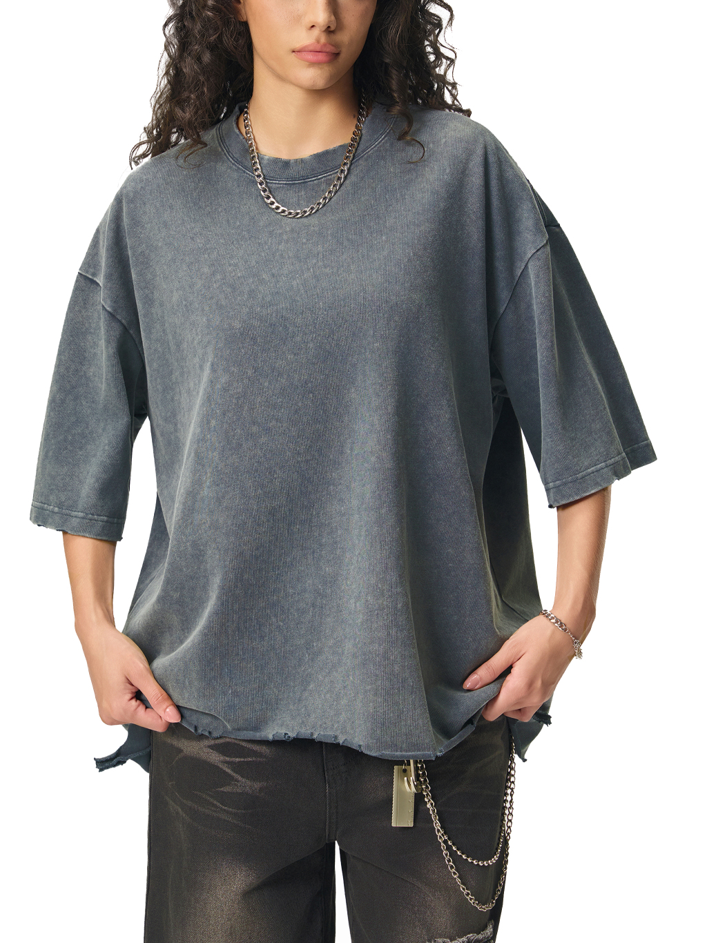 トップス house on the hill L/S Tee (Checker) 80 Snow Wash Raw-Hem Boxy T-shirt #RT0058 | TAPSTITCH
