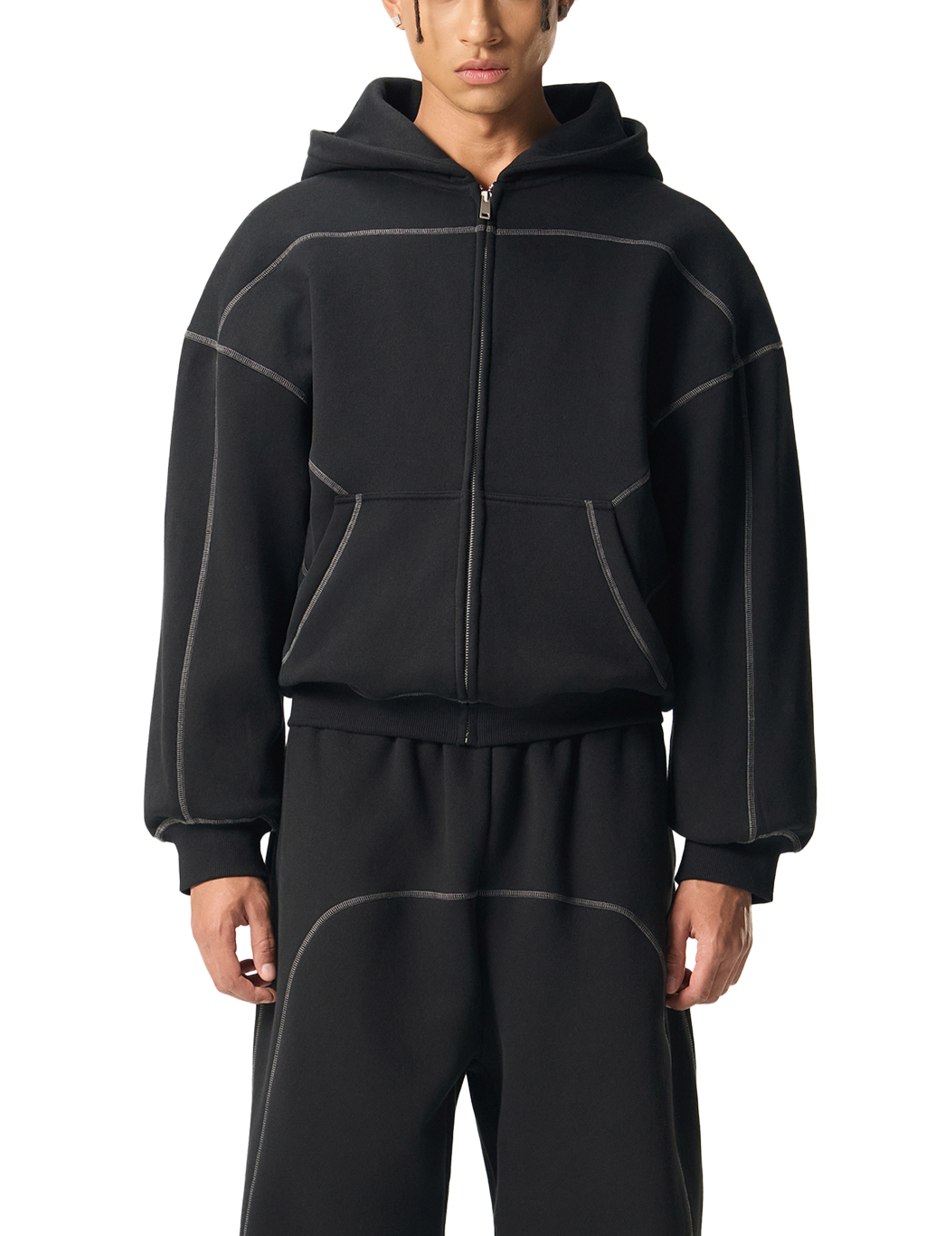 Contrast-Stitched Boxy Fleece Zip Hoodie #RW0043 | TAPSTITCH