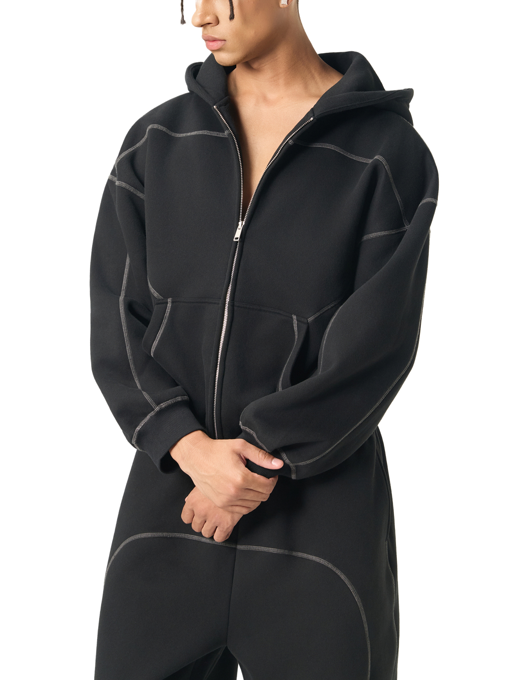 Contrast-Stitched Boxy Fleece Zip Hoodie #RW0043 | TAPSTITCH