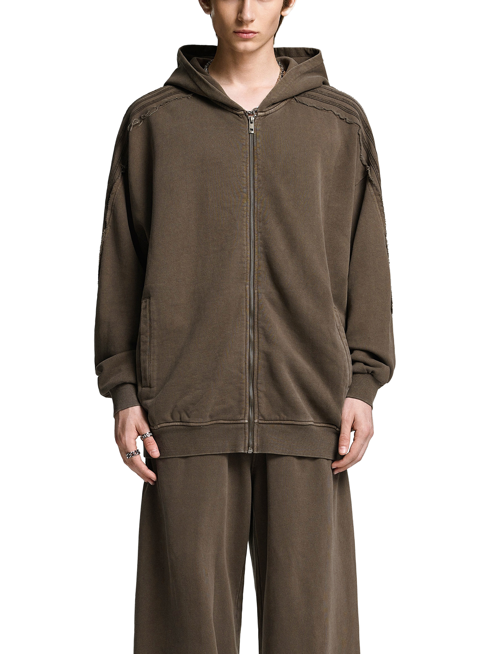 Snow Washed Tape Raw Edge Zip Hoodie #RQ0021 | TAPSTITCH