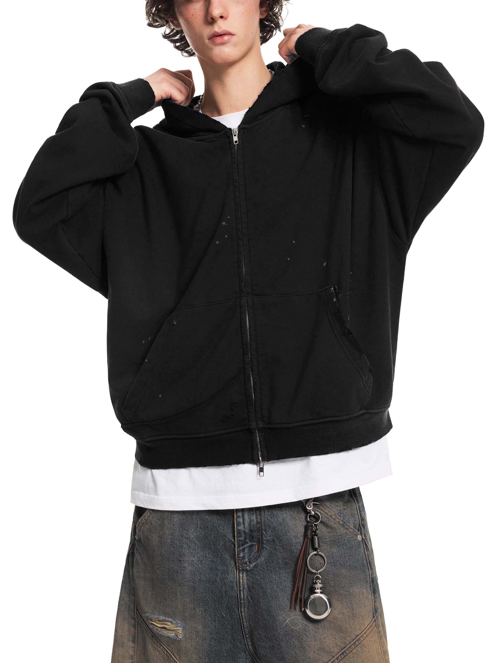 Sun Fade Frayed Raw Edge Fleece Zip Hoodie #RQ0032 | TAPSTITCH