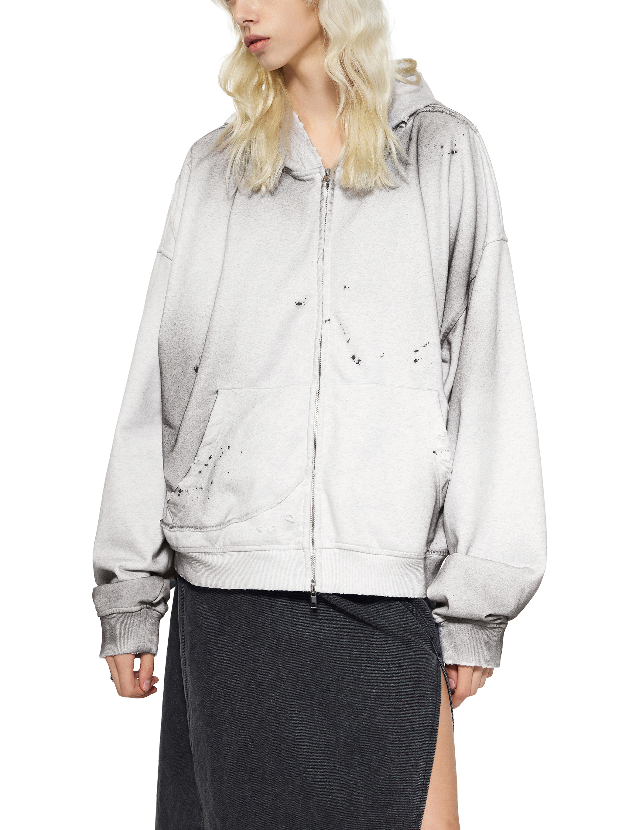 Sun Fade Frayed Raw Edge Fleece Zip Hoodie #RQ0032 | TAPSTITCH