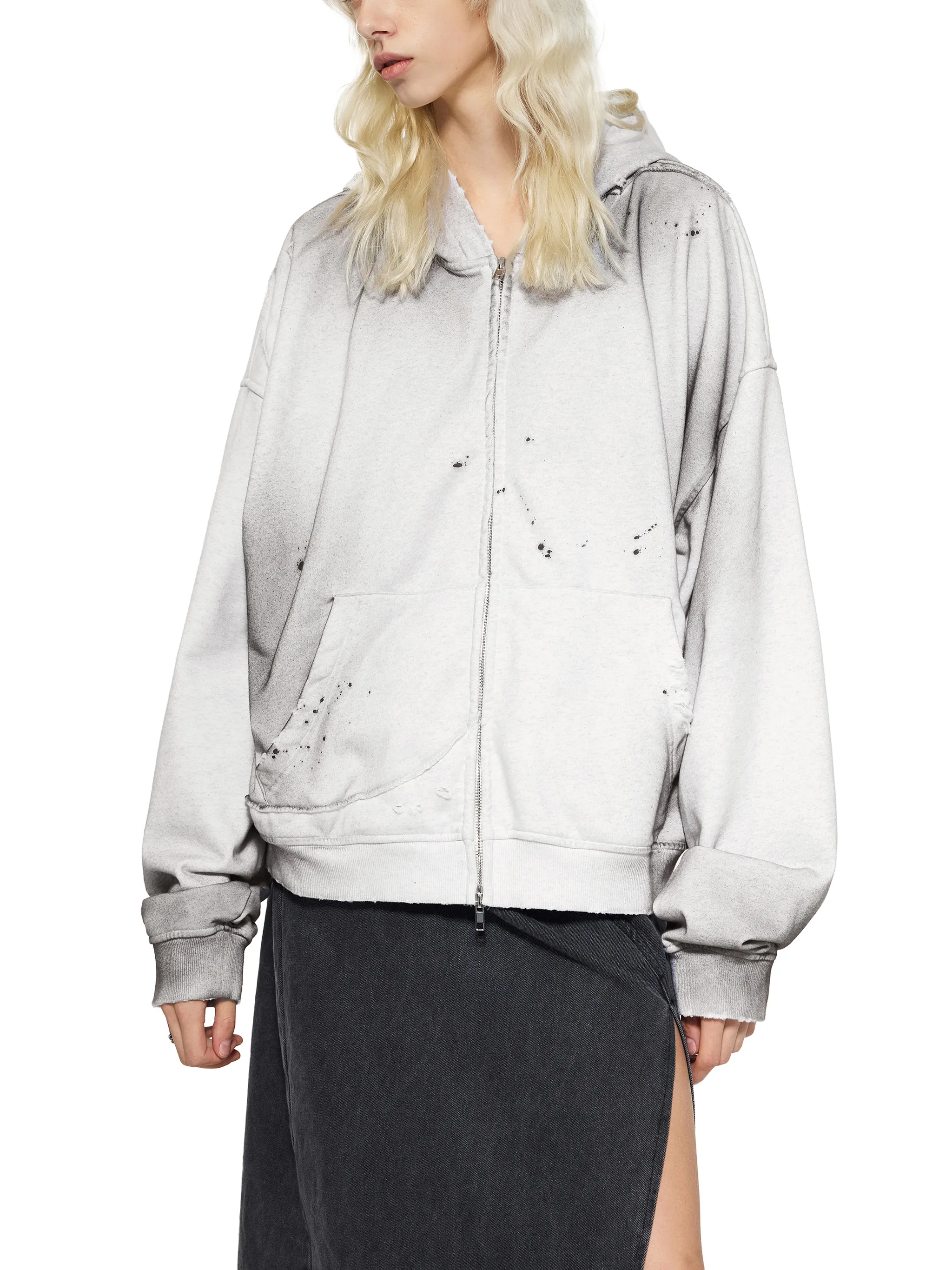 Sun Fade Frayed Raw Edge Fleece Zip Hoodie