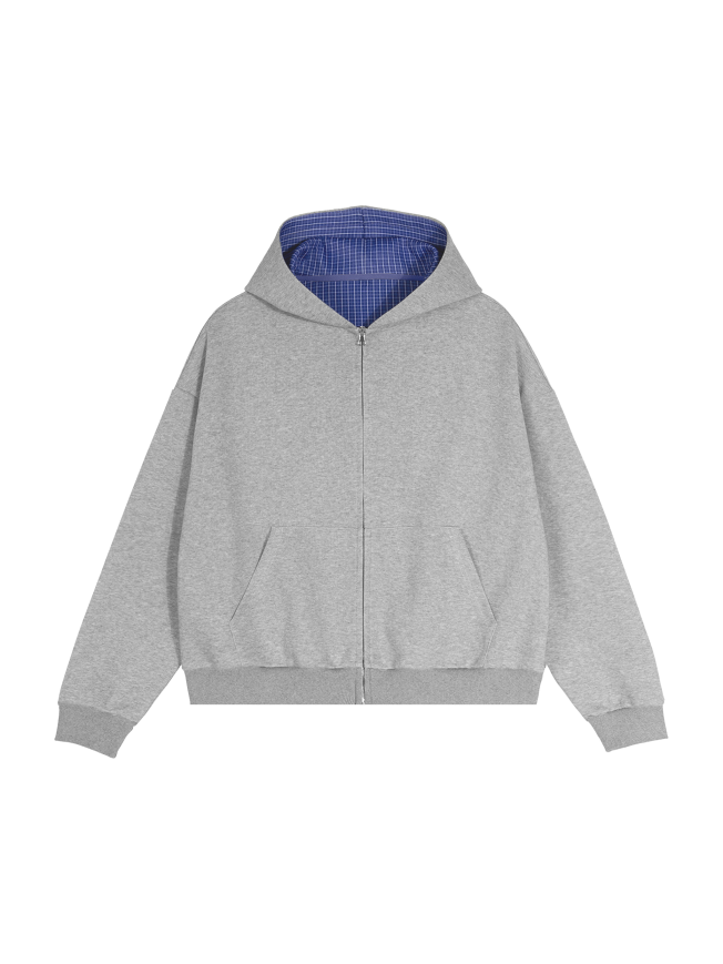 Contrast Plaid Boxy Zip Hoodie