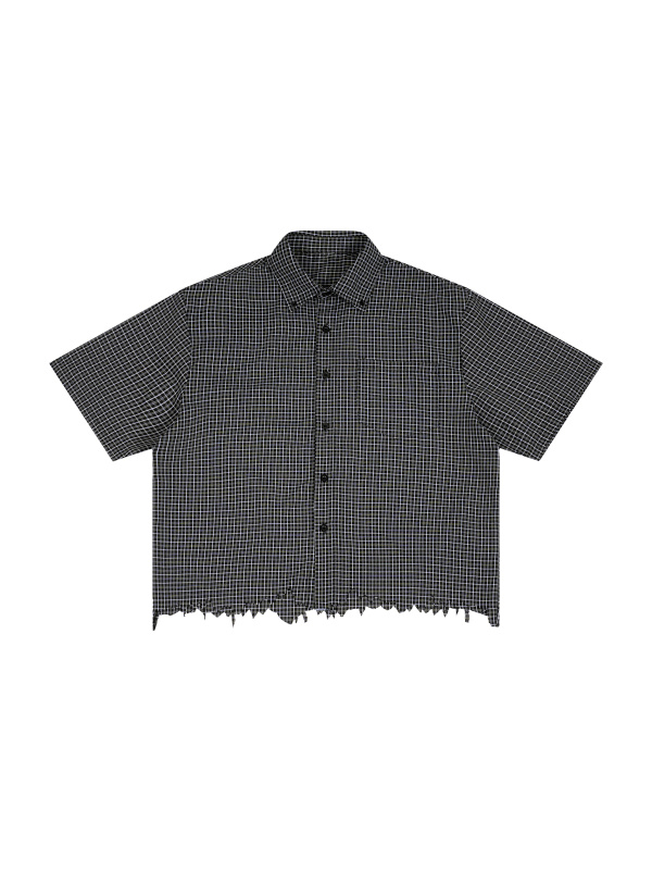 Unisex Distressed Plaid Boxy Shirt