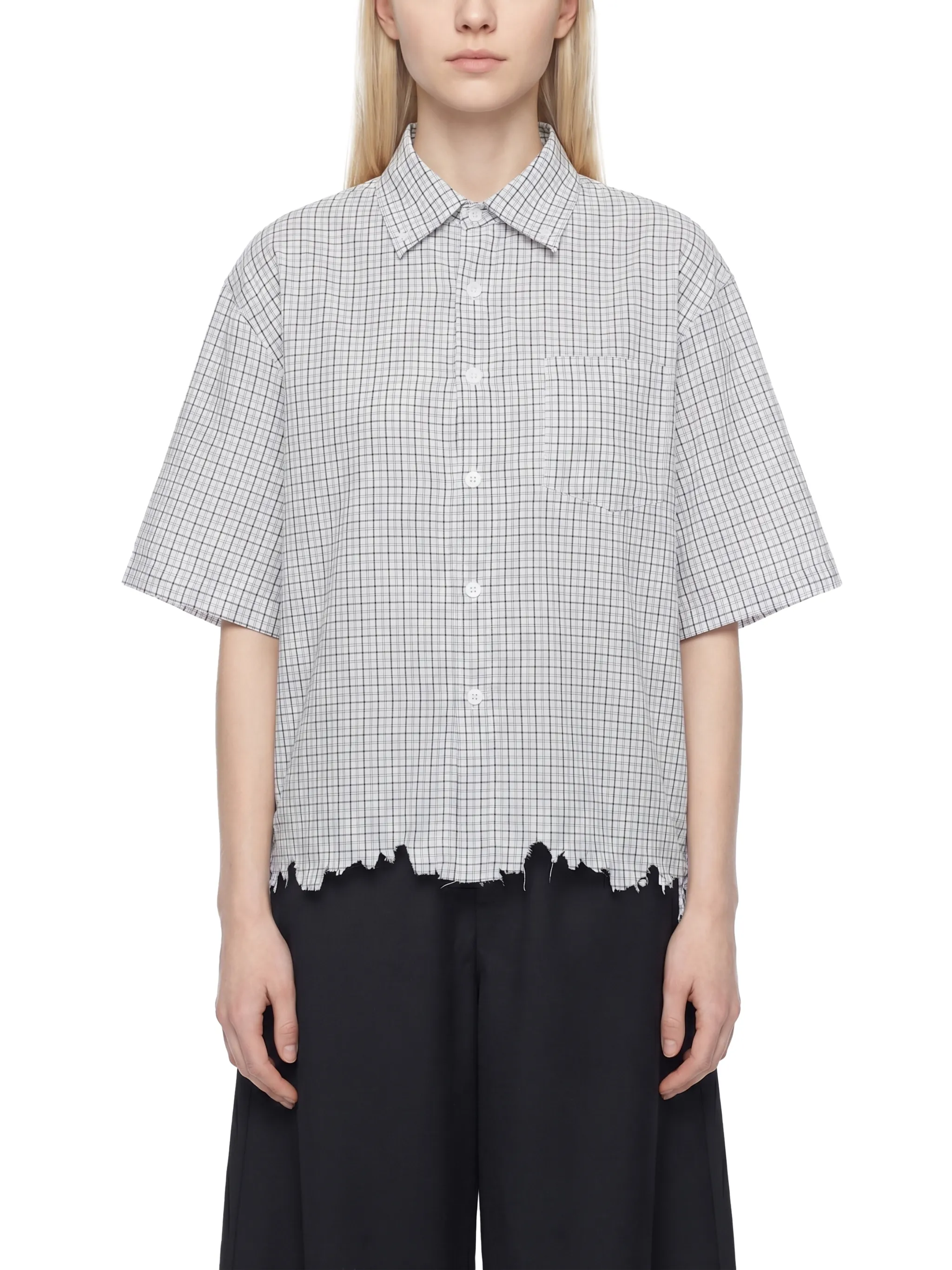 Unisex Distressed Plaid Boxy Shirt