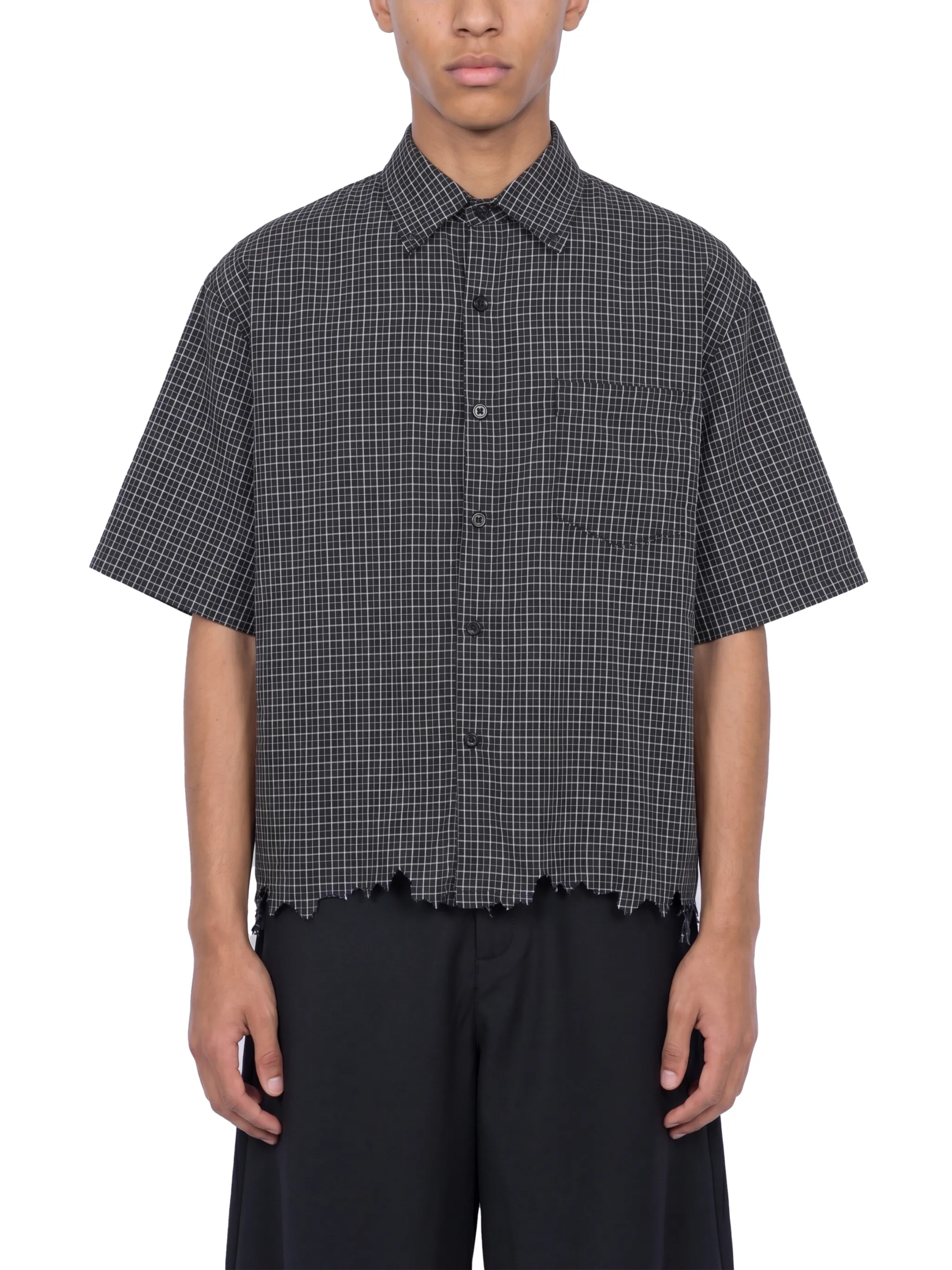 Unisex Distressed Plaid Boxy Shirt