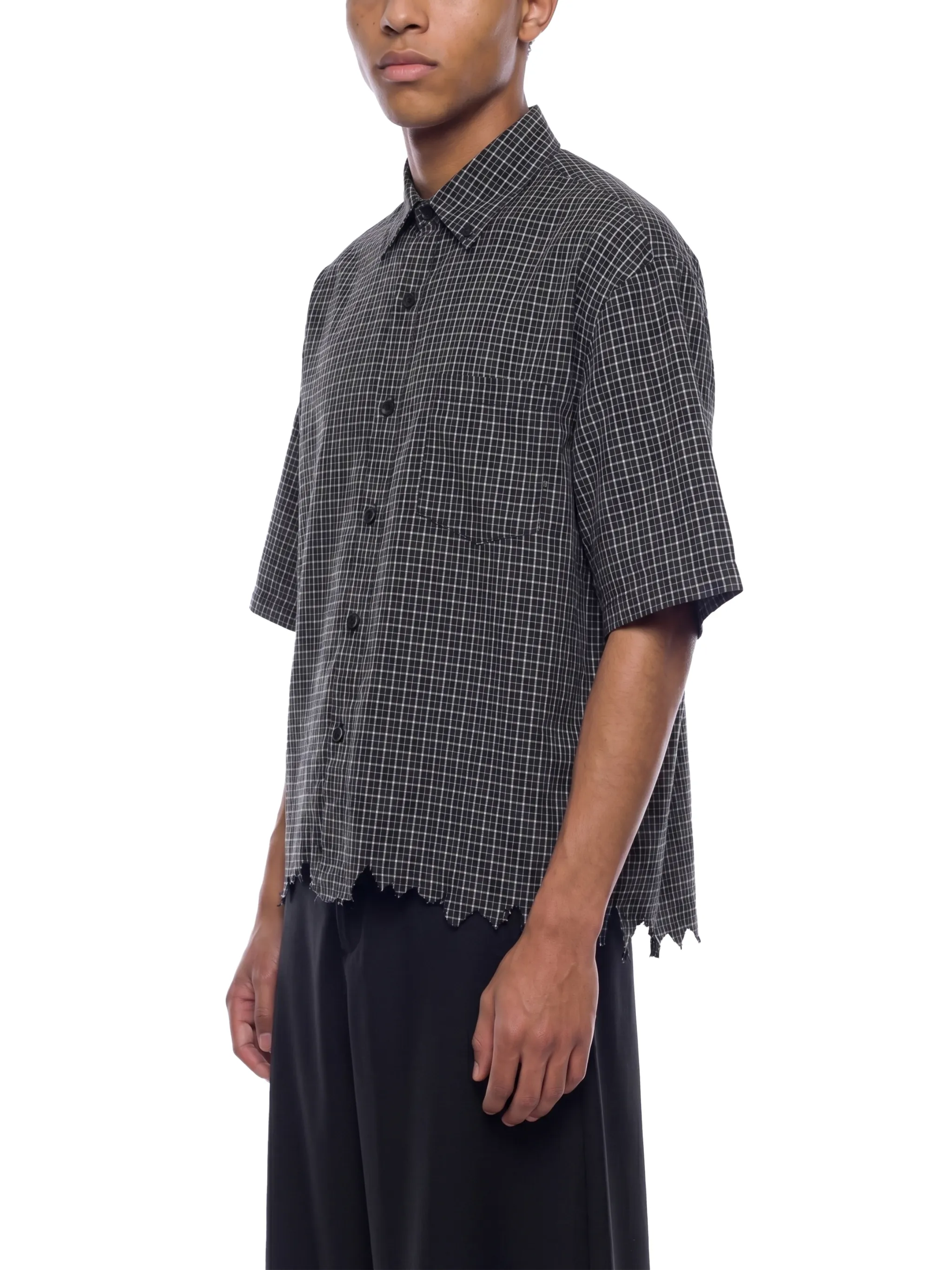 Unisex Distressed Plaid Boxy Shirt