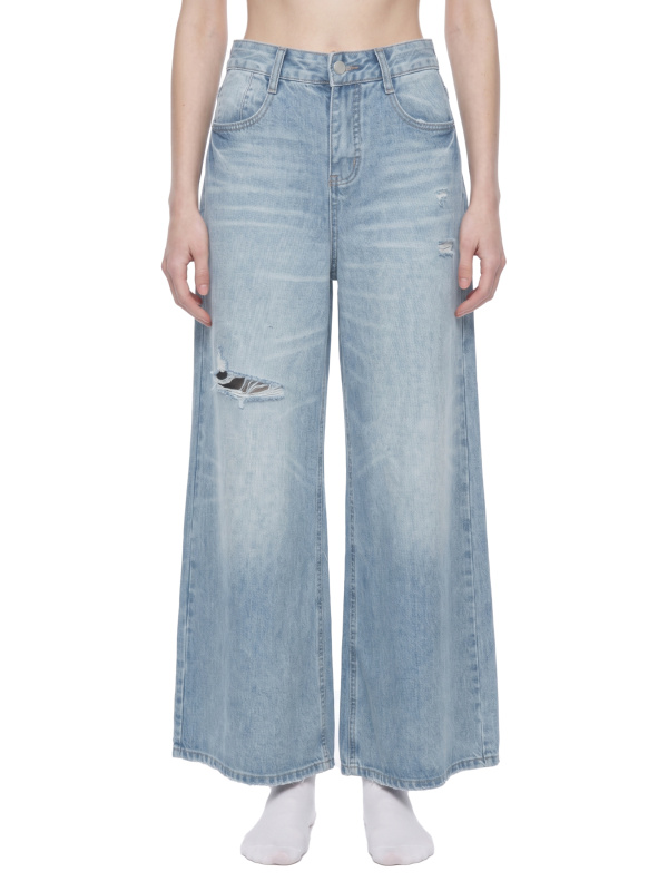 Women's Vintage Wash Distressed Wide Leg Jeans