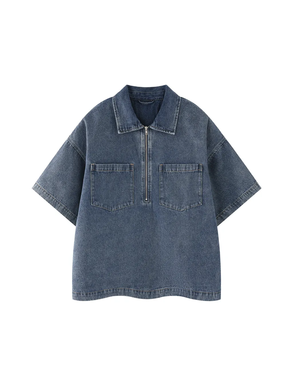 Unisex Vintage Wash Boxy Quarter-Zip Denim Shirt - Main Image