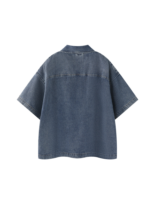 Unisex Vintage Wash Boxy Quarter-Zip Denim Shirt