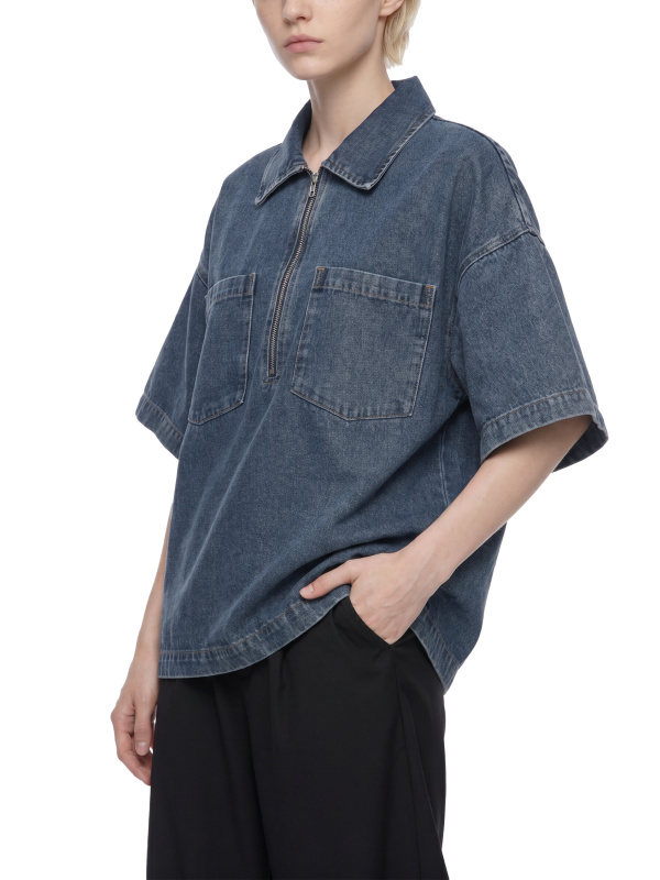 Unisex Vintage Wash Boxy Quarter-Zip Denim Shirt