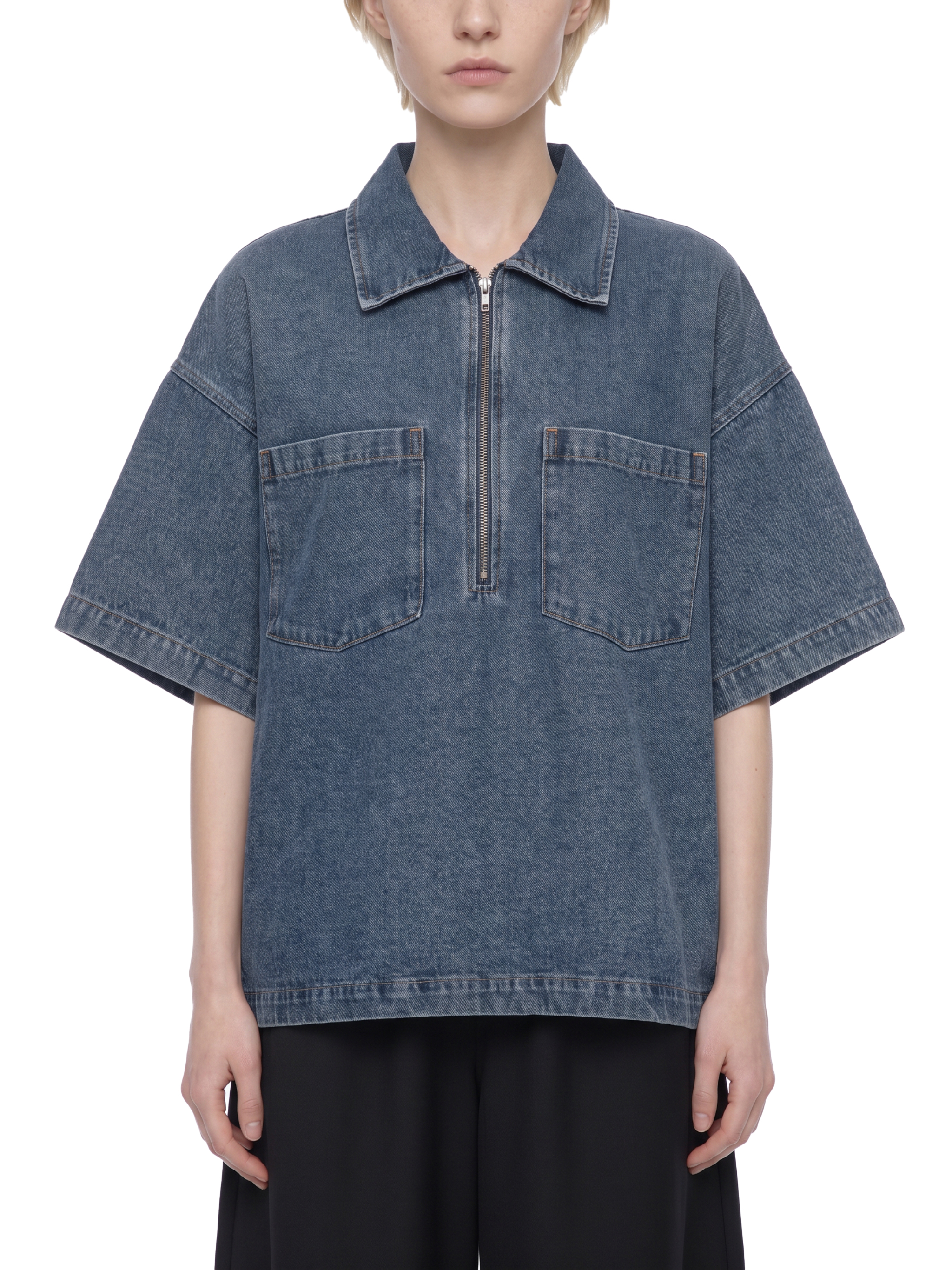Unisex Vintage Wash Boxy Quarter-Zip Denim Shirt UT0118 | TAPSTITCH