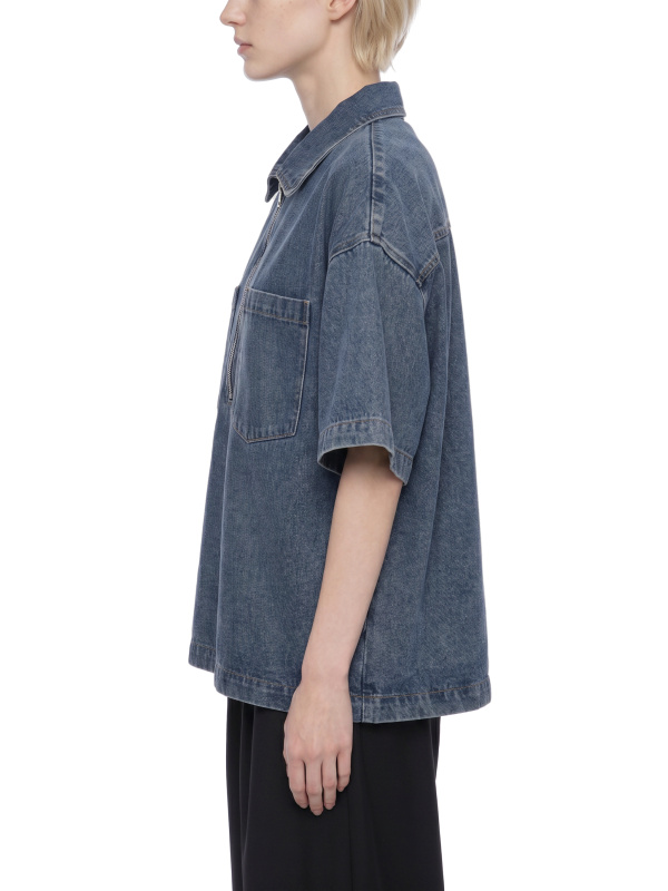 Unisex Vintage Wash Boxy Quarter-Zip Denim Shirt