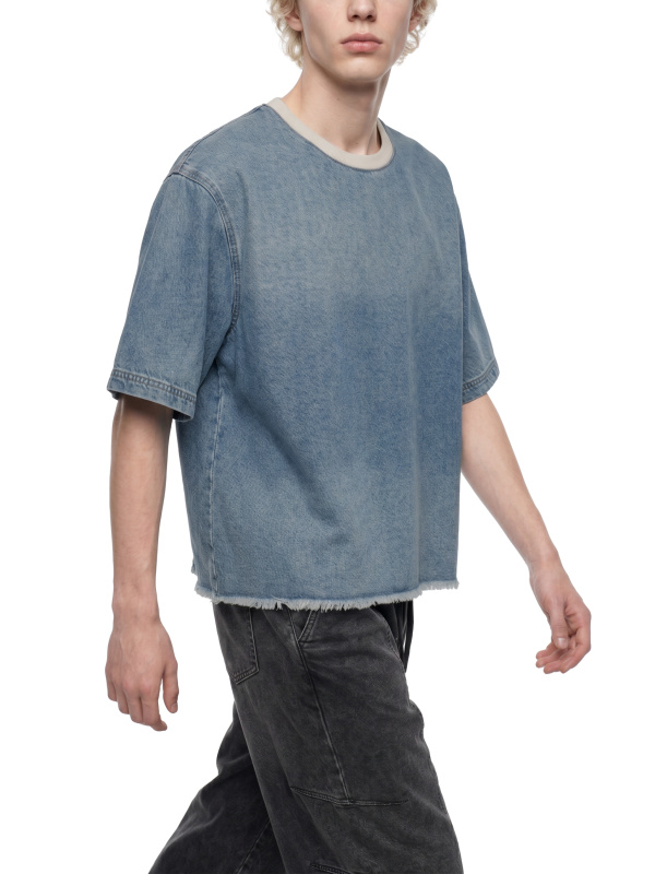 Unisex Vintage Wash Boxy Raw Hem Denim T-Shirt